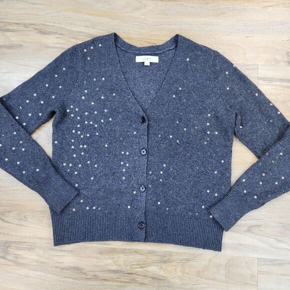 🔺️Loft Gray Star Sequined Knit Buttoned Vneck Cardigan Sweater Medium - Picture 2 of 12